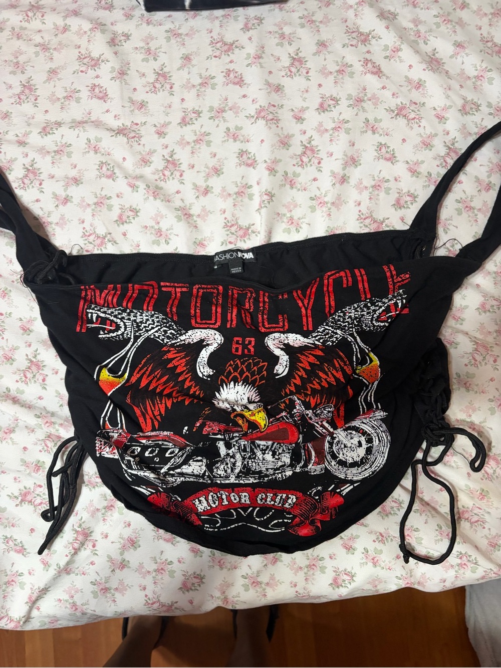 Fashion Nova Black Crop Top with Red & White Eagle Motorcycle Graphic